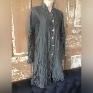 Eleven Stitch Design Top 100% Silk Long Button Gray/ Blue Pockets Lagenlook  L